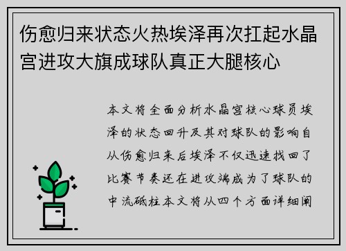 伤愈归来状态火热埃泽再次扛起水晶宫进攻大旗成球队真正大腿核心